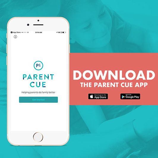 Graphic for the Parent Cue app, with icons showing the app is available in the App Store and Google Play store.